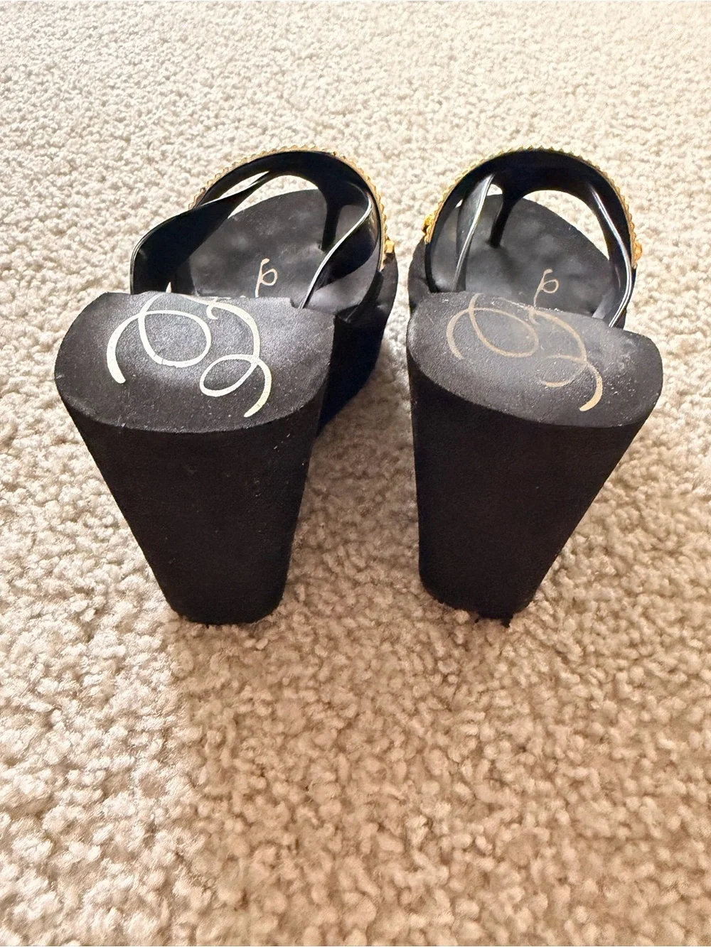 Black Wedge Flip-Flop Sandals with Gold Accent